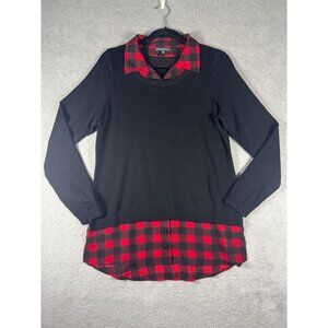 Adrianna Papell Black Sweater With Red Plaid Collar & Hem Layered Look Size M
